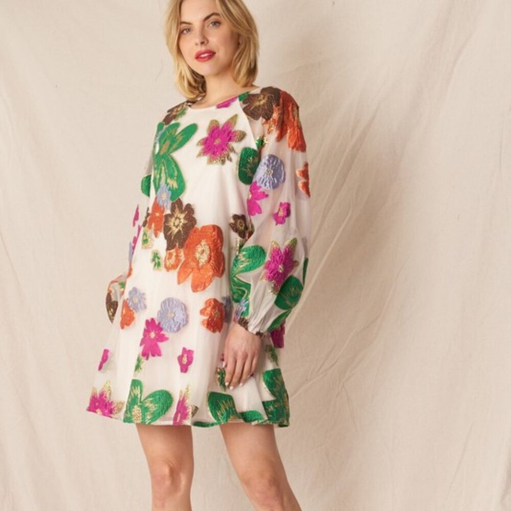 Multi Colored Bubble Sleeve Floral Organza Dress